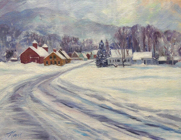 Vermont Art Print featuring the painting Felchville Village in the Snow by Nancy Griswold