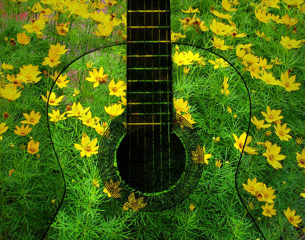 Guitar Art Print featuring the photograph Floral Guitar Yellow by Clare VanderVeen