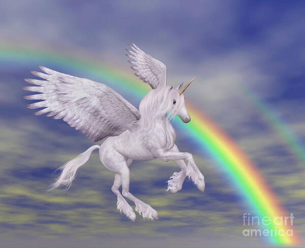 Unicorn Art Print featuring the digital art Flying Unicorn And Rainbow by Smilin Eyes Treasures