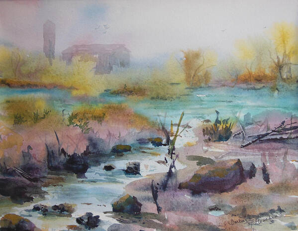Misty Stream Art Print featuring the painting Foggy Stream by Barbara McGeachen