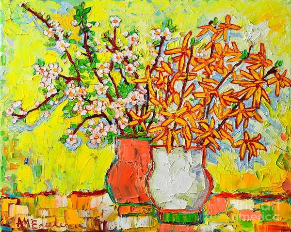 Spring Art Print featuring the painting Forsythia And Cherry Blossoms Spring Flowers by Ana Maria Edulescu