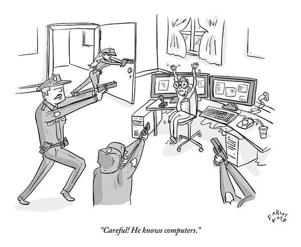 Computers Art Print featuring the drawing Four Cops Swarm by Farley Katz