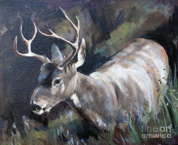 Deer Art Print featuring the painting Friend in the yard by Synnove Pettersen