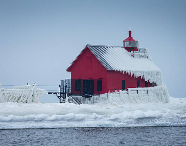 Grand Haven Light Lighthouse Ice Icy Frozen Winter Michigan Lake Lakes Great River North Pier Encased Covered Red White Black Snow Wind Water Wave Nautical Marine Beacon Nature Weather Landscape Dramatic Scenic Dangerous Catwalk Western Shore Beach Park Draped Channel Tower America United States Landmark Historic River Kim Kimberly Kotzian Photo Art Print featuring the photograph Grand Haven Lighthouse encased in ice by Kimberly Kotzian
