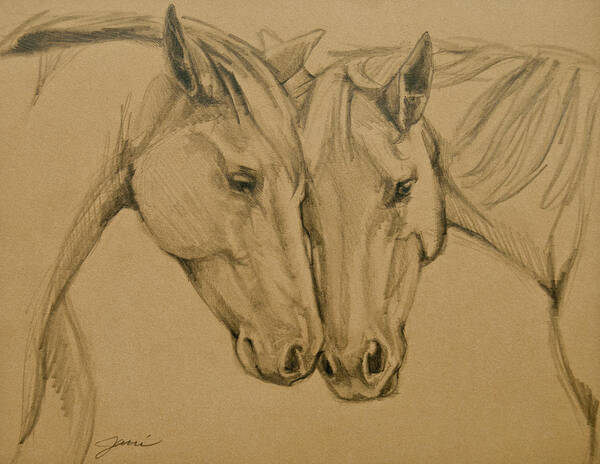 Horses Art Print featuring the drawing Greetings Friend by Jani Freimann