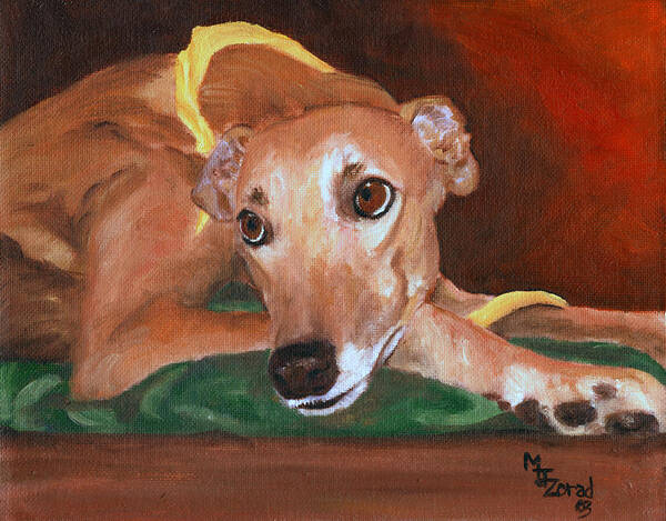 Dog Art Print featuring the painting Greyhound Pout by Mary Jo Zorad