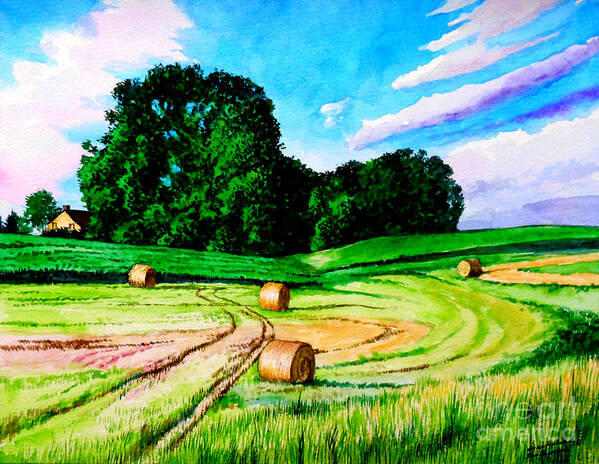 Farm Art Print featuring the painting Hay Rolls on Farmland by Christopher Shellhammer