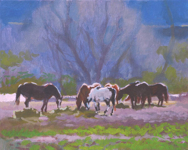 Horse Art Print featuring the painting Herd and Hay by Robert Bissett