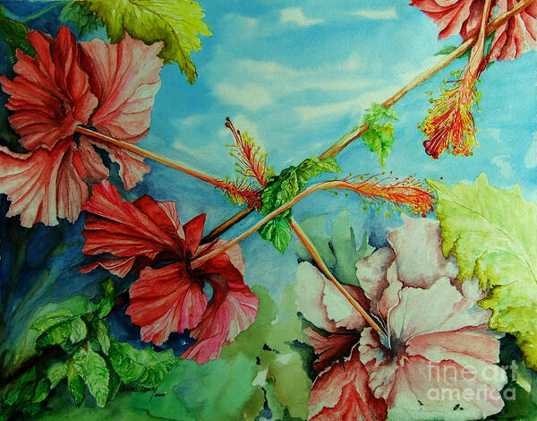 Red Art Print featuring the painting Hiroko's Hibiscus 3 by Rachel Lowry