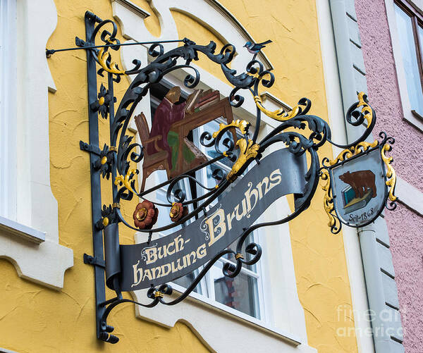 Fussen Art Print featuring the photograph Historic Fussen Bear Bookstore Sign - Germany by Gary Whitton