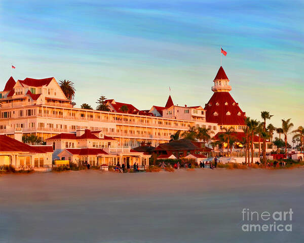 Hotel Del Sunset Coronado Art Print featuring the mixed media Hotel Del Sunset by Glenn McNary