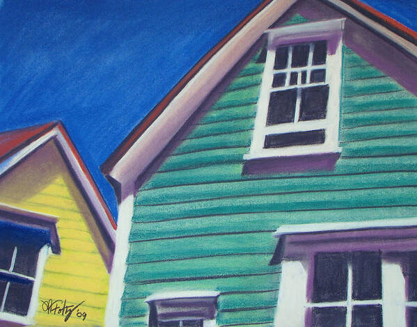 House Art Art Print featuring the painting Houses Green and Yellow by Michael Foltz