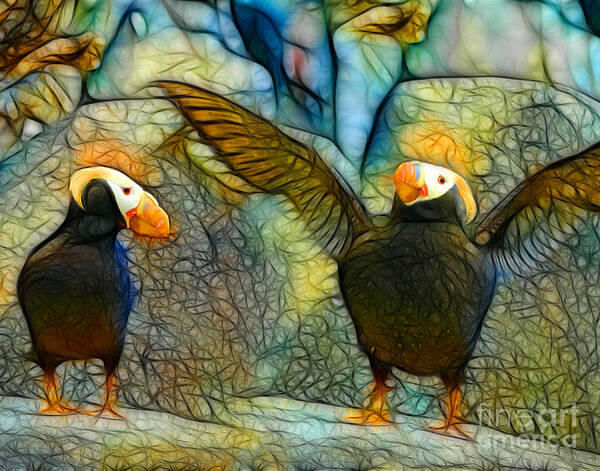 Puffins Art Print featuring the mixed media I love You This Much by Francine Dufour Jones