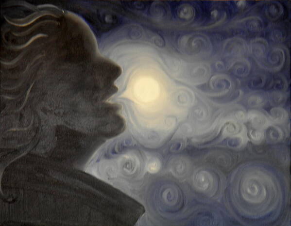 Profile Face Woman Clouds Moon Swirls Dark Light Shadow Blue White Black Art Print featuring the painting I shall eat the moon by Ida Eriksen