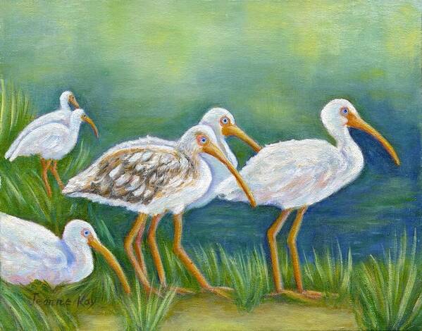 Water Birds Art Print featuring the painting Ibis Flock with Juvenile by Jeanne Juhos