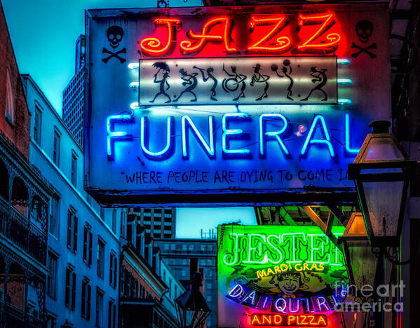 Signs Art Print featuring the photograph Jazz Funeral and Jester on Bourbon St. by Kathleen K Parker