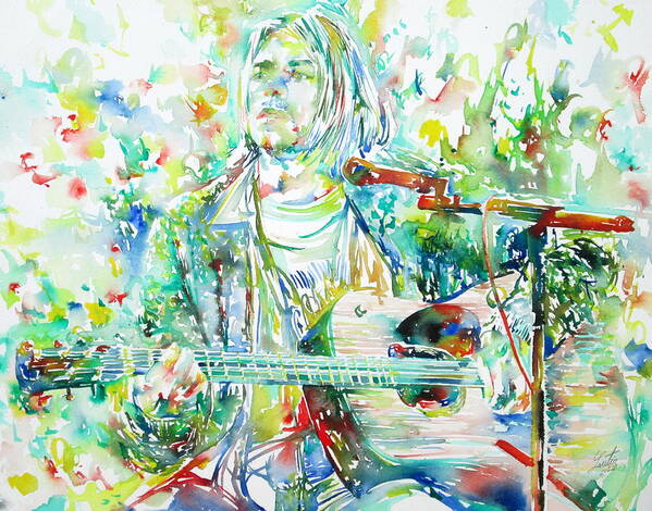 Kurt Art Print featuring the painting KURT COBAIN playing the guitar - watercolor portrait by Fabrizio Cassetta