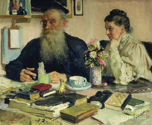 Husband; Male; Female; Couple; Elderly; Table; Books; Candle; Beard; Tea Cup; Flowers; Vase; Home; Peredvizhniki; Peredvizhniki Group Art Print featuring the painting Leo Tolstoy with his wife in Yasnaya Polyana by Ilya Repin