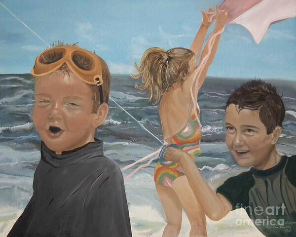 Portrait Art Print featuring the painting Beach - Children playing - kite by Jan Dappen