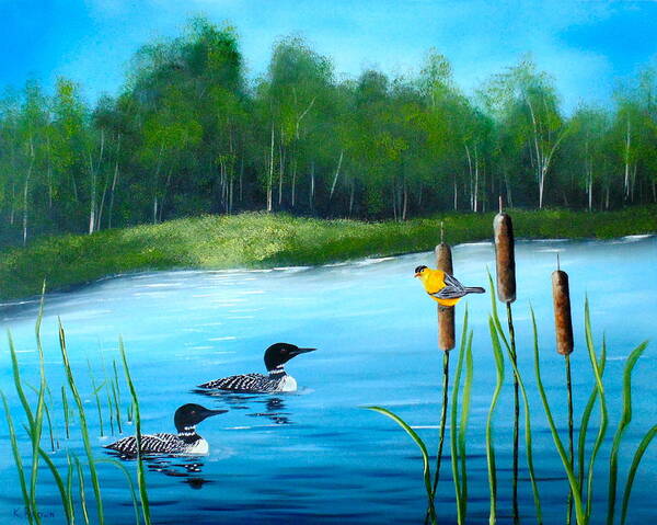 Landscapes Art Print featuring the painting Loons in a lake by Kevin Brown