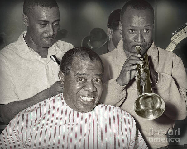 Satchmo Art Print featuring the photograph Louie Armstrong Haircut 1961 by Martin Konopacki Restoration