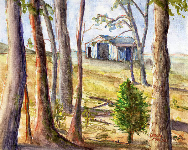 Watercolor Art Print featuring the painting Louisiana Barn Through the Trees by Lenora De Lude