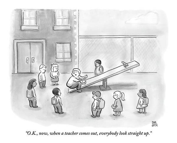 See-saw Art Print featuring the drawing Man Sits On See-saw And Speaks To Cluster by Paul Noth
