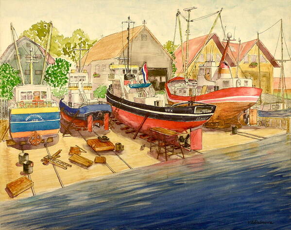 Holland Art Print featuring the painting Marine Railway at Urk by Vic Delnore