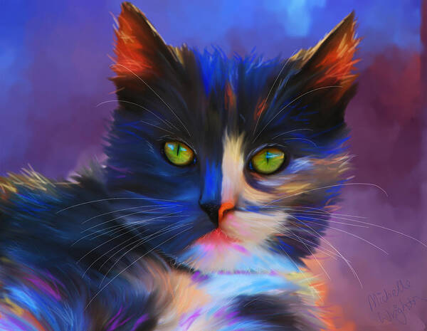 Cat Art Print featuring the painting Meesha Colorful Cat Portrait by Michelle Wrighton