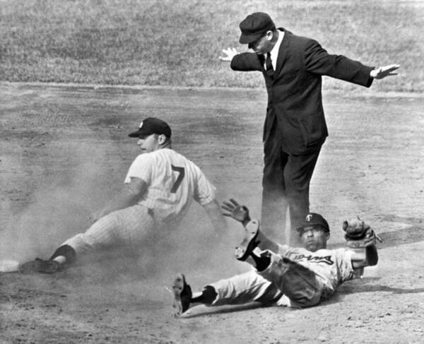 1961 Art Print featuring the photograph Mickey Mantle Steals Second by Underwood Archives