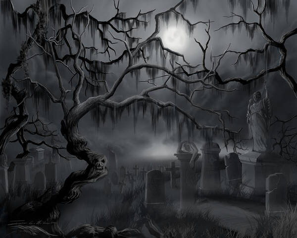 Landscape Art Print featuring the painting Midnight in the Graveyard by James Hill