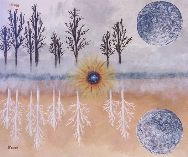 Moons Art Print featuring the painting Mirrored Worlds by Cynthia Morgan