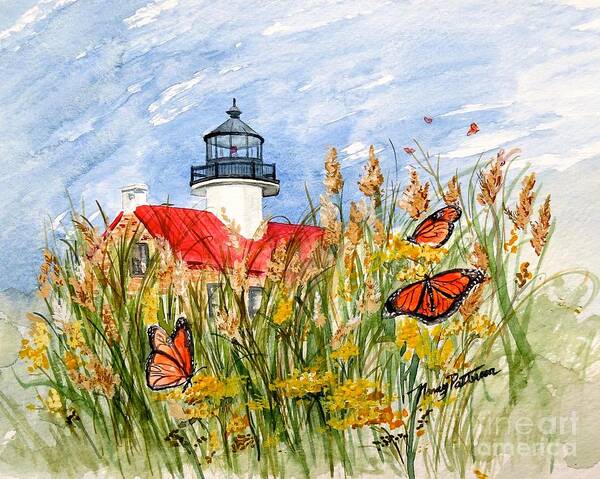 East Point Lighthouse Art Print featuring the painting Monarch Butterflies at East Point Light by Nancy Patterson