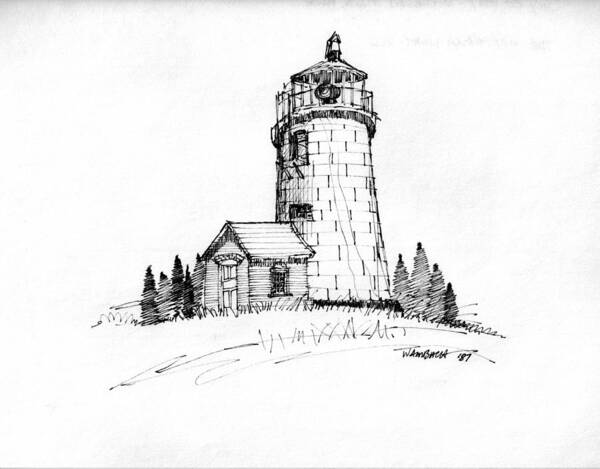 Monhegan Island Art Print featuring the drawing Monhegan Lighthouse 1987 by Richard Wambach