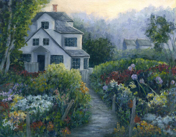 Landscape Art Print featuring the painting Morning in a Maine Garden by June Hunt