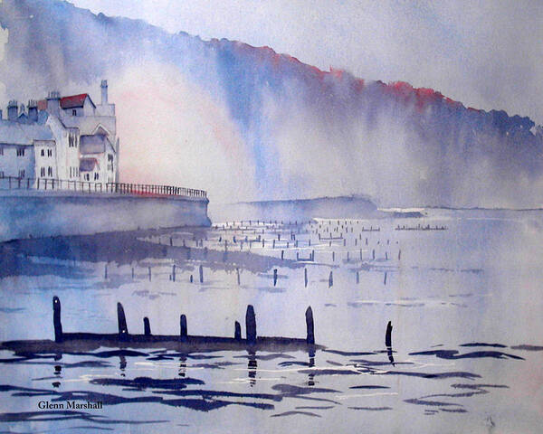 Glenn Marshall Artist Art Print featuring the painting Morning Mist at Sandsend by Glenn Marshall