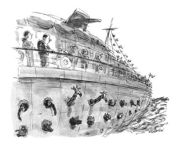 (a Passenger On A Pleasure Cruise Looks Down And Sees Animals Popping Their Heads Out Of Portholes Art Print featuring the drawing New Yorker December 24th, 1990 by James Stevenson