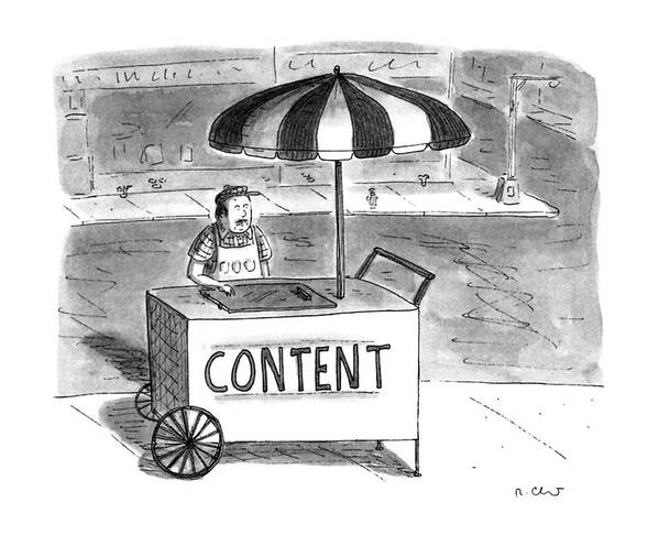 No Caption
A Street Vendor Stands At A Hot Dog Cart Whose Sign Reads Art Print featuring the drawing New Yorker June 24th, 1996 by Roz Chast