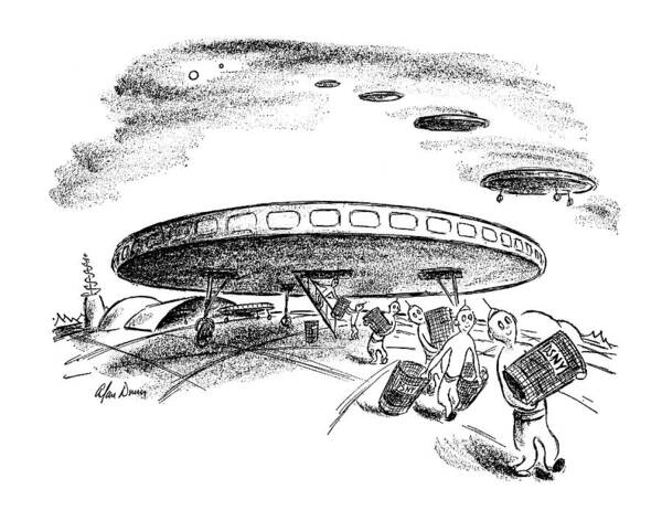 (new York City Trash Cans (which Have Been Mysteriously Disappearing) Are Shown Being Stolen By Men From Mars Who Have Come To The Earth- In Flying Saucers.) Sci-fi Art Print featuring the drawing New Yorker May 20th, 1950 by Alan Dunn