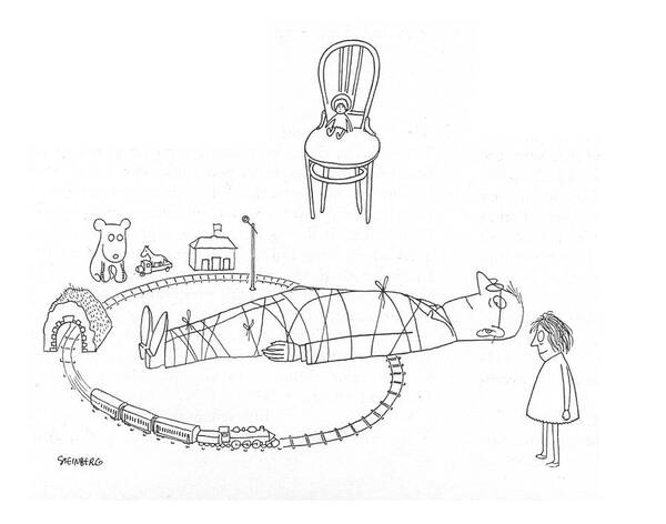Saul Steinberg 113332 Steinbergattny   Little Girl Has Tied Her Father To Railroad Tracks Of Toy Train Set. Child Childhood Children Dad Dads Daughter Daughters Families Family Father Fathers Girl Kid Kids Little Parenting Parents Play Playing Railroad Rearing Rope Set Son Sons Tied Toy Toys Track Tracks Train Trains Art Print featuring the drawing New Yorker May 6th, 1944 by Saul Steinberg