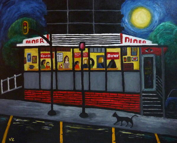 Diner Art Print featuring the painting Night at an Arlington Diner by Victoria Lakes