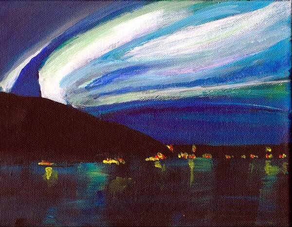 Norther Lights Sky Reflection Water Acrylic Canvas Art Print featuring the painting Northern Lights bay by Audrey Pollitt