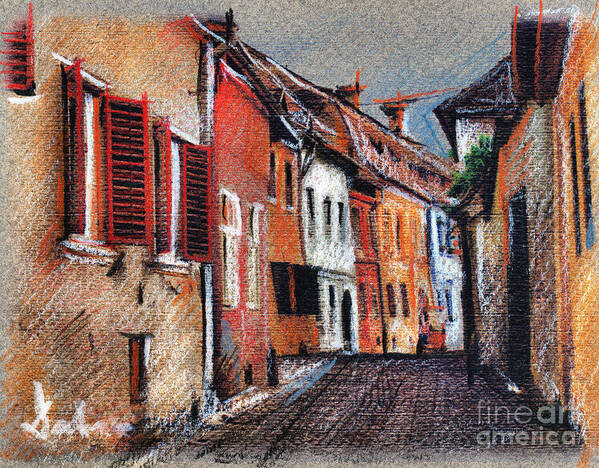 Street Art Print featuring the drawing Old medieval street in Sighisoara citadel Romania by Daliana Pacuraru