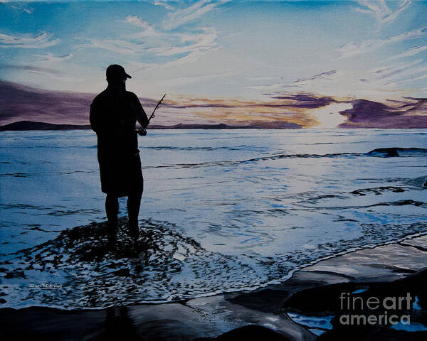 California Art Print featuring the painting On the Beach Fishing at Sunset by Ian Donley