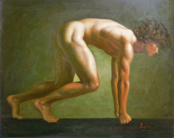 Original Art Print featuring the painting Original Oil Painting Man Body Man Art -male Nude By Hongtao#16-1-31-10 by Hongtao Huang