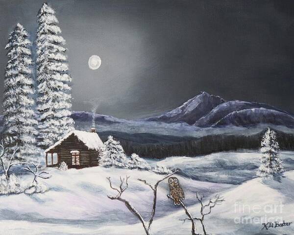 Nature Scene Cold Winter's Night Snowy Scene In A Valley With Blue Gray Mountains In The Background Mist Rising Up In The Mountains Log Cabin Covered In Snow Smoke Crystallizing In The Air From The Chimney Evergreen Trees Deciduous In The Front With A Barred Owl Resting And Watching On A Tree Limb In The Foreground Peaceful Dreamy Winter Scene Acrylic Painting Art Print featuring the painting Owl Watch on A Cold Winter's Night Original by Kimberlee Baxter