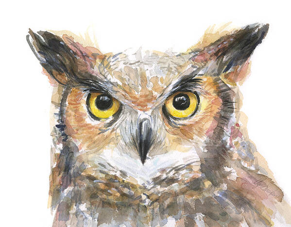 Old Art Print featuring the painting Owl Watercolor Portrait Great Horned by Olga Shvartsur