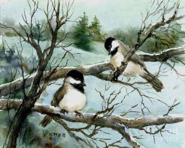 Bird Art Print featuring the painting Pair of Chickadees by Virginia Potter