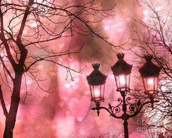 Paris Street Lanterns Art Print featuring the photograph Paris Dreamy Romantic Pink Black Street Lamps - Paris Fantasy Pink Night Lanterns by Kathy Fornal