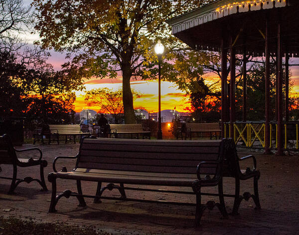 Riverside Park Art Print featuring the photograph Park Bench Evening by Bill Swartwout